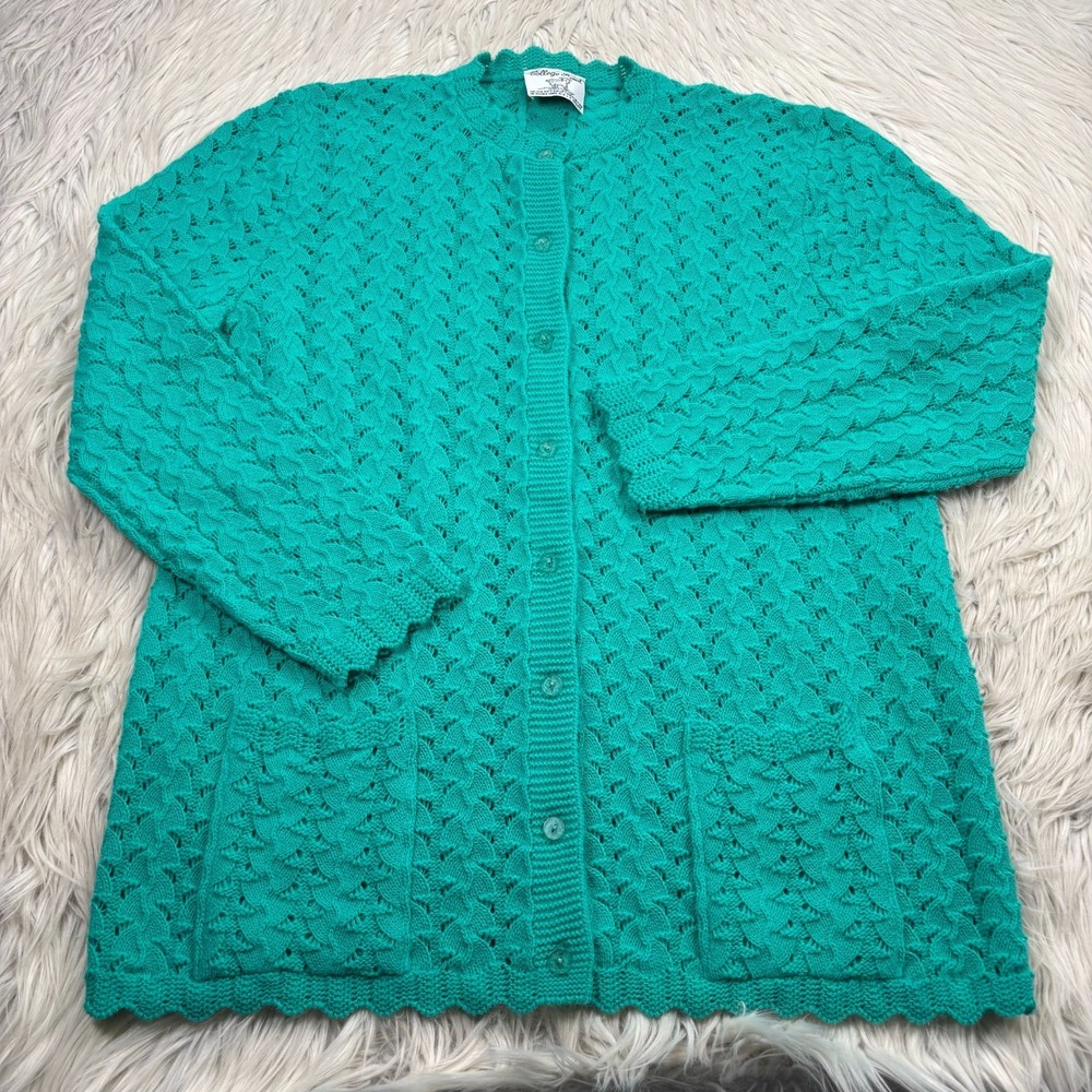 Vintage College Point Women's L Green Pointelle Cardigan Grandmacore Cottagecore